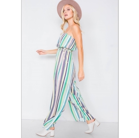Anthropologie Le Lis Green Blue Striped Strapless Wide Leg Jumpsuit Pantsuit - Picture 1 of 16